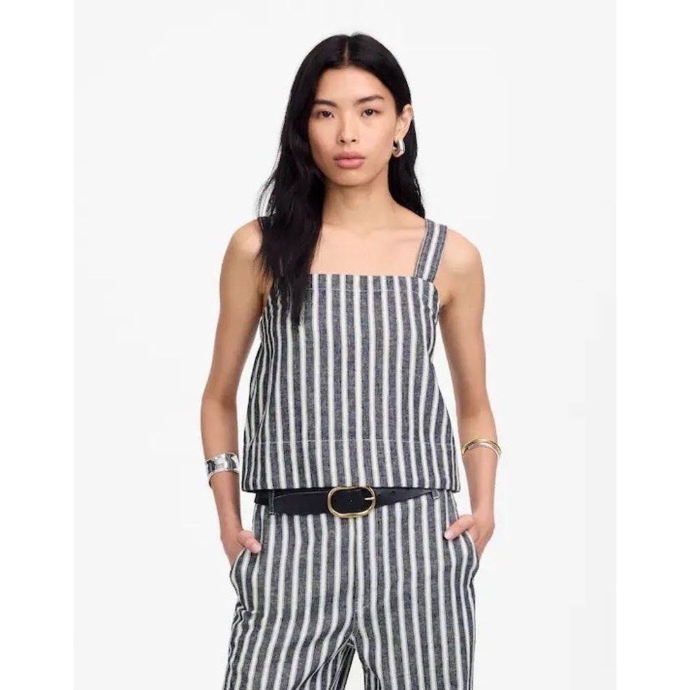 NWT Madewell Squareneck Tank Top in Linen Blend Stripe Size XL Navy Preppy Beach